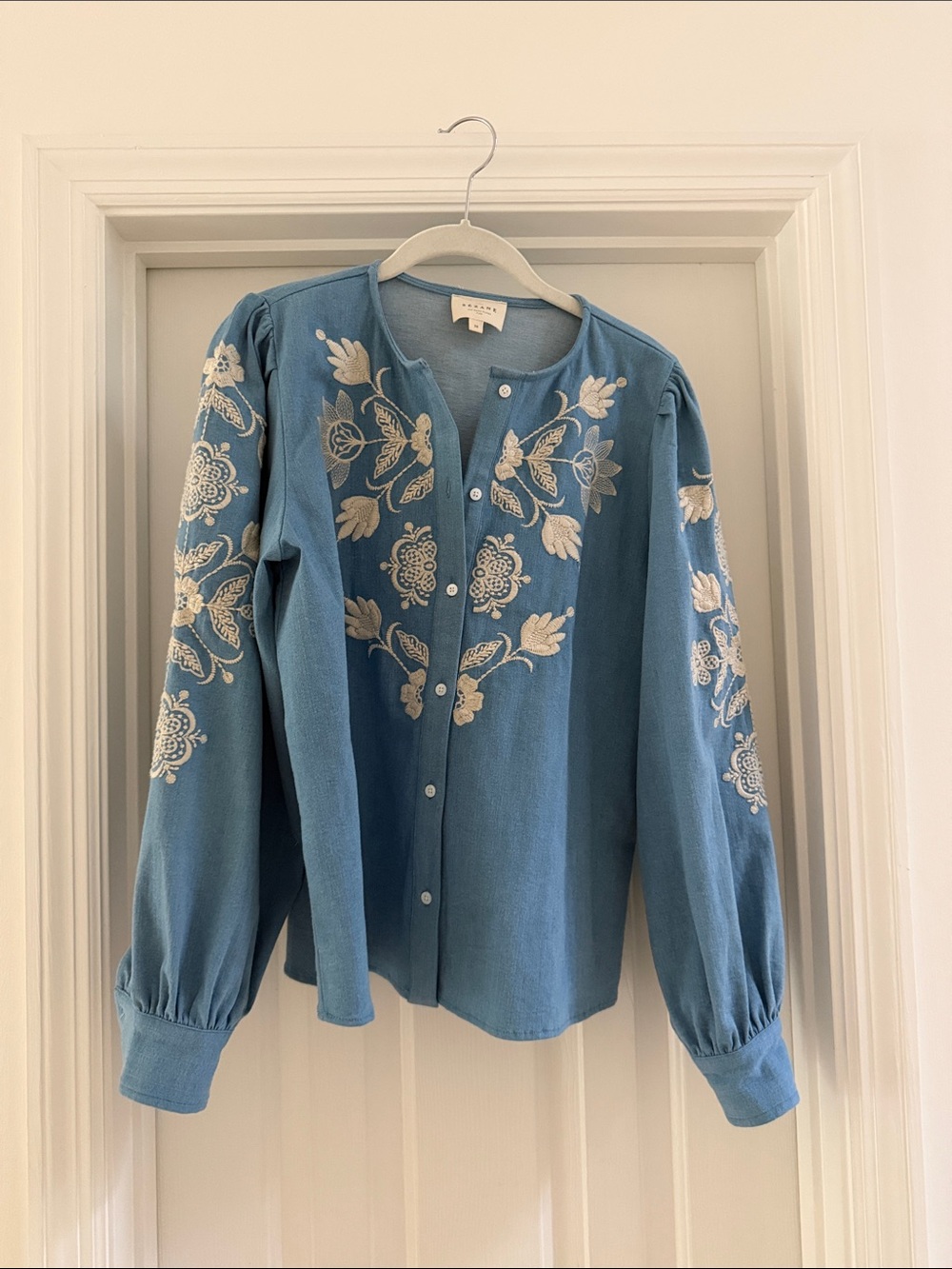 Sezane Blue Button-Front Embroidered Blazer Jacket